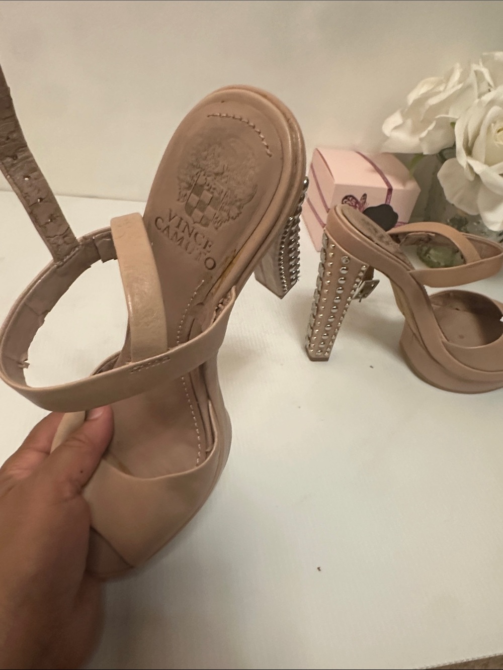 Vince Camuto Blush Nude Studded Block Heel Sandals